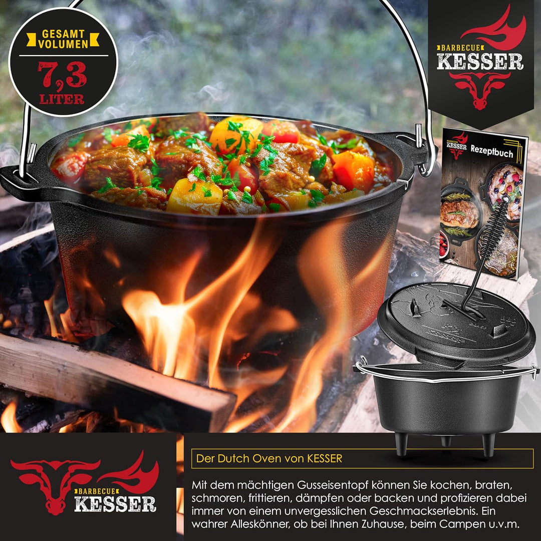 KESSER® Dutch Oven Set BBQ 7,3 Liter, Feuertopf Schmortopf mit Füssen, Gusseisen Topf mit Deckelhebe