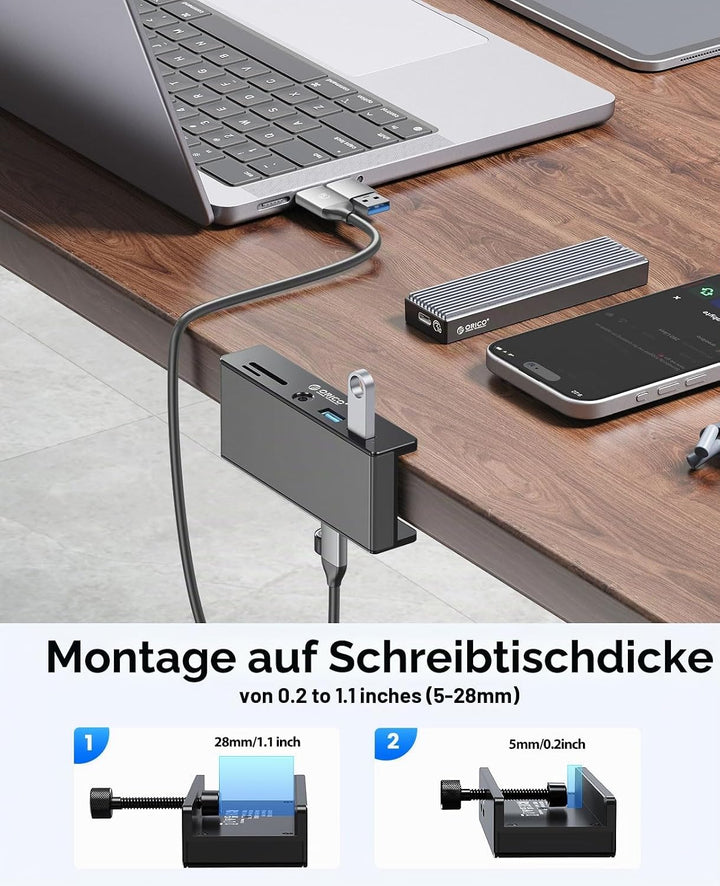 ORICO Clip-Typ USB Hub mit SD/TF Kartenleser, 5 in 1 USB Hub 3.0 mit 2 Typ A 3.0 Ports, 3.5 mm Audio