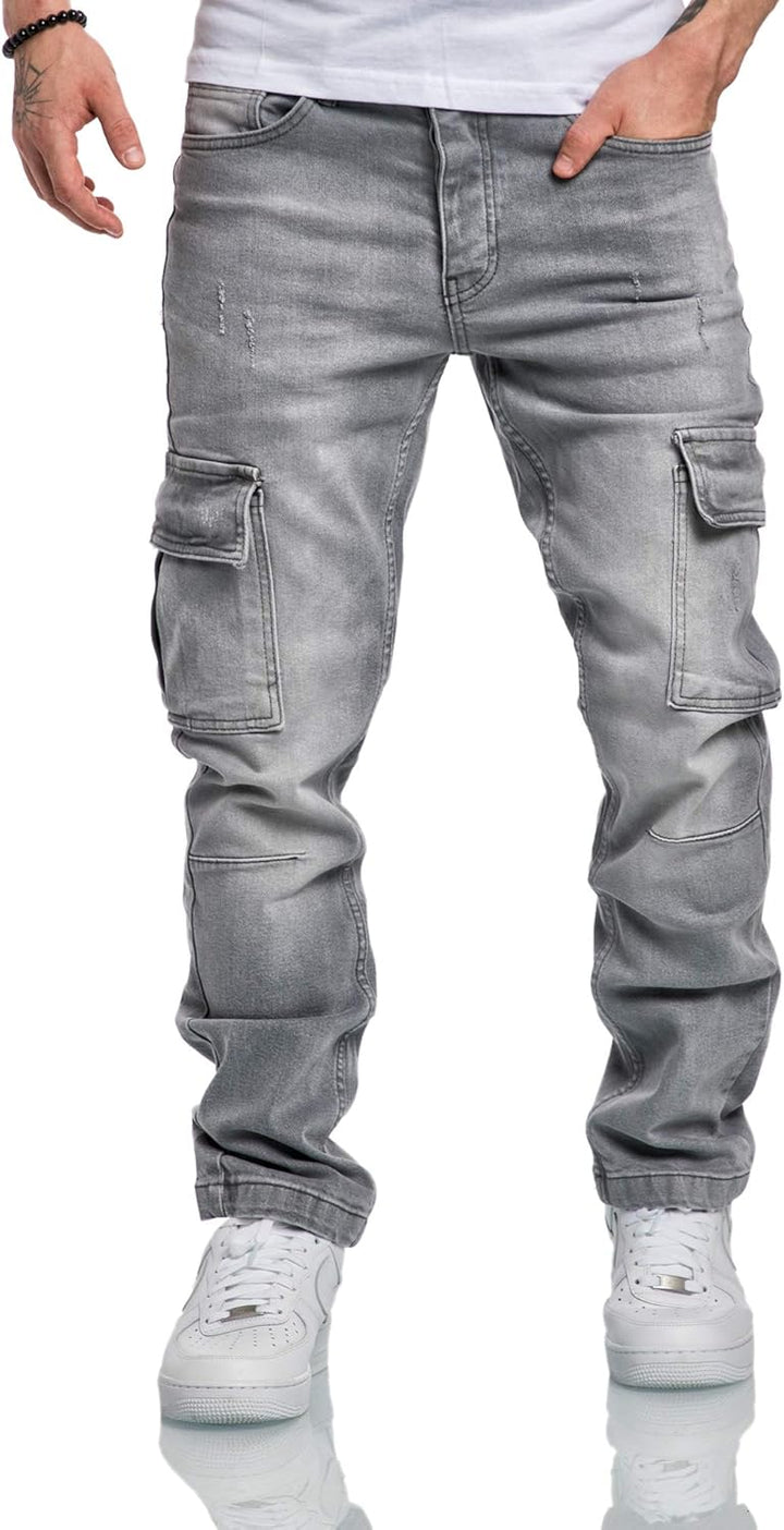 Amaci&Sons Herren Cargo Jeans Regular Slim Denim Hose Destroyed 7985 32W / 30L Hellgrau, 32W / 30L H