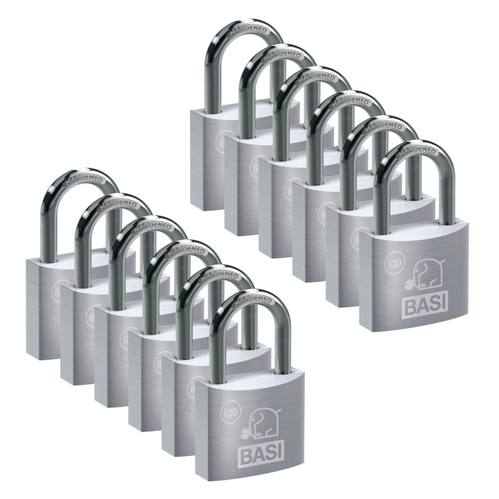 BASI | Vorhangschloss 12er Set | 30 mm | gleichschliessend | massives Aluminium-Gehäuse | gehärteter