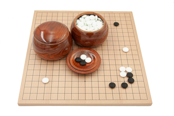Hebsacker Verlag - Go-Set Buchenfurnier-Brett (19x19/13x13, 13mm) mit Glassteinen und Holzdosen