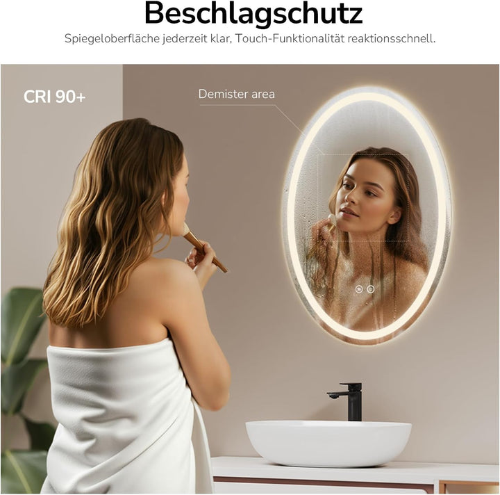 EMKE Badspiegel mit Beleuchtung 60x80cm Led Spiegel Oval mit 3 Lichtfarbe dimmbar, Antibeschlag, Spe