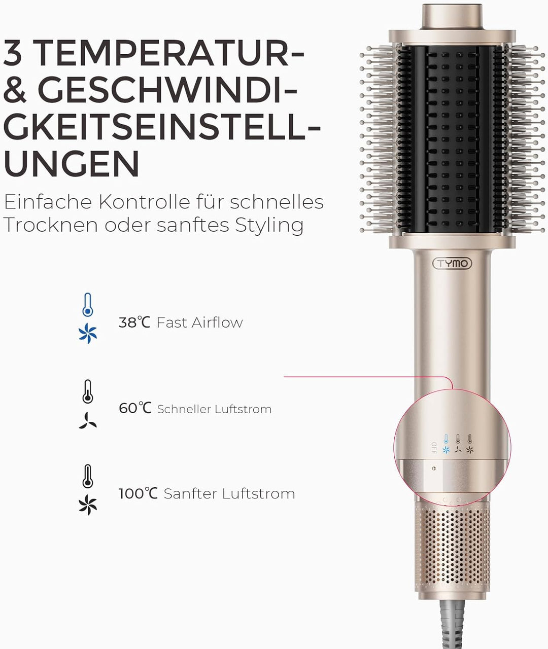 TYMO Warmluftbürste Föhnbürste, Leichte Heissluftbürste zum Trocknen & Stylen in einem, 5 in 1 Volum