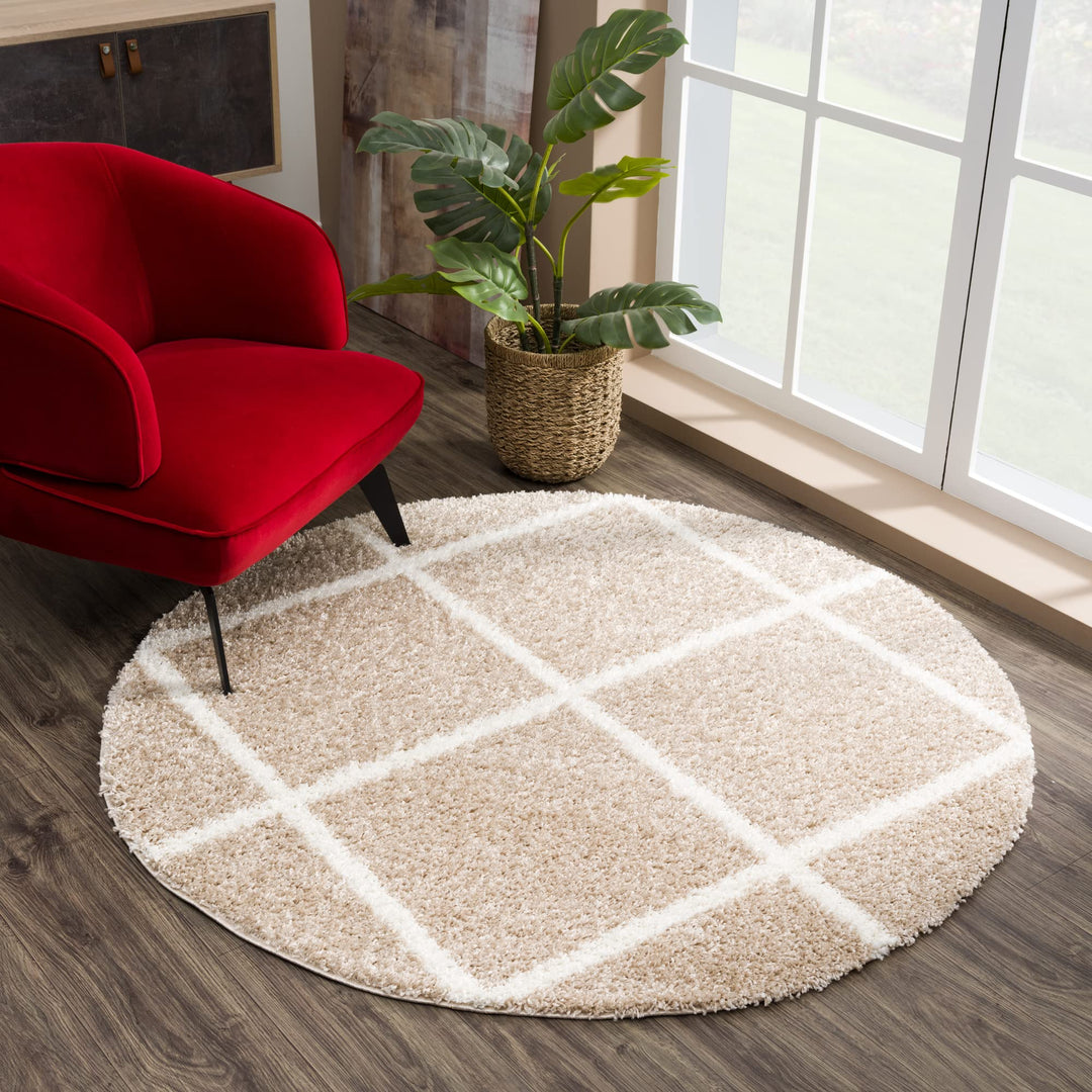 SANAT Madrid Shaggy Teppich Rund - Hochflor Teppiche für Wohnzimmer, Schlafzimmer, Küche - Beige, Gr