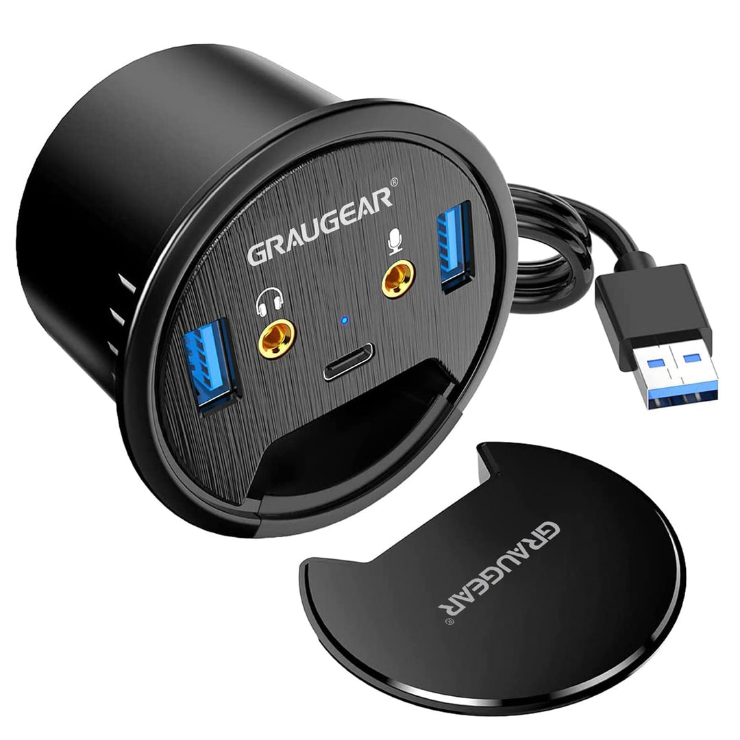 GRAUGEAR Tisch USB HUB mit 1x USB-C und 2X USB-A Anschlüssen, Tisch HUB mit 60mm Durchmesser, USB 3.