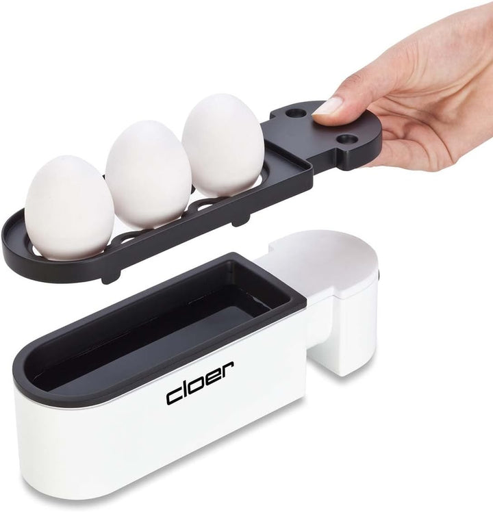 Cloer 6021 Eierkocher, bis zu 3 Eier, herausnehmbarer Eierträger, Servierfunktion, 300 Watt, Kunstst