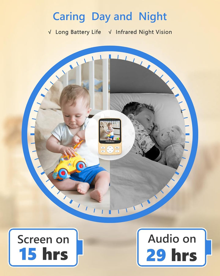 HelloBaby Babyphone mit Kamera,29 Stunden Akkulaufzeit Babyfon,350°/120° Baby Camera mit Ferngesteue