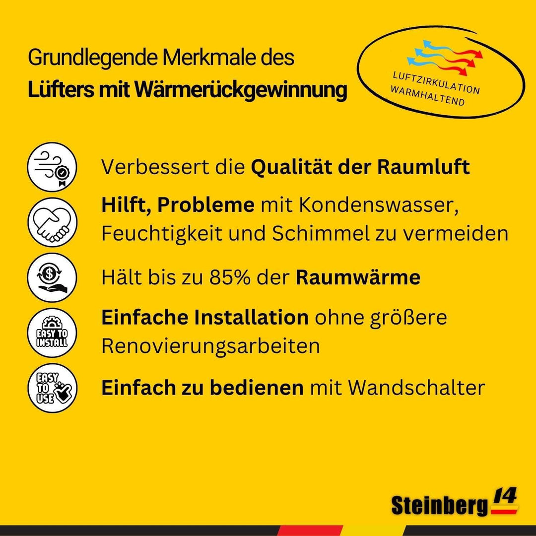 Steinberg14 Ø 100mm Dezentrale Einzelraumlüftungsanlage mit Wärmerückgewinnung 85% - mit Schalter, A