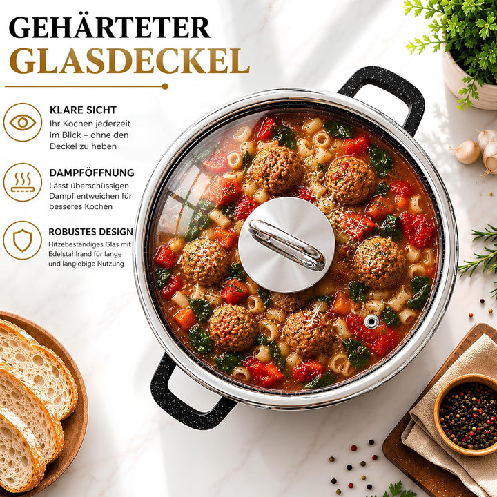 GOLDMANN 28 CM - 10L - Aluguss-Kochtopf/Suppentopf mit Glasdeckel und Silikongriffen, Marmor-Keramik