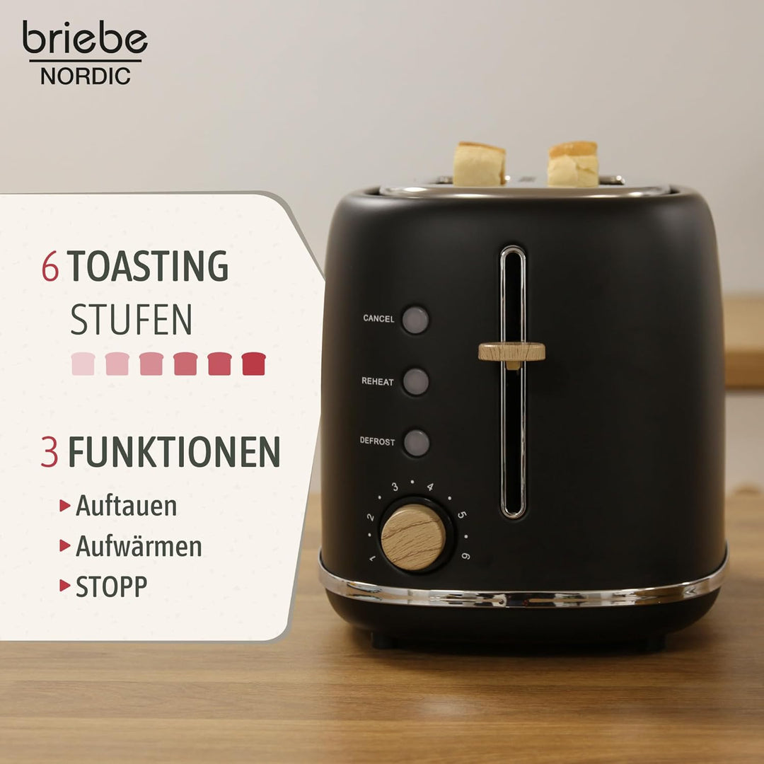 briebe Nordic Toaster mit breitem Schlitz, Toaster für 2 Scheiben, 6 Röststufen, Aufwärmfunktion, Ab