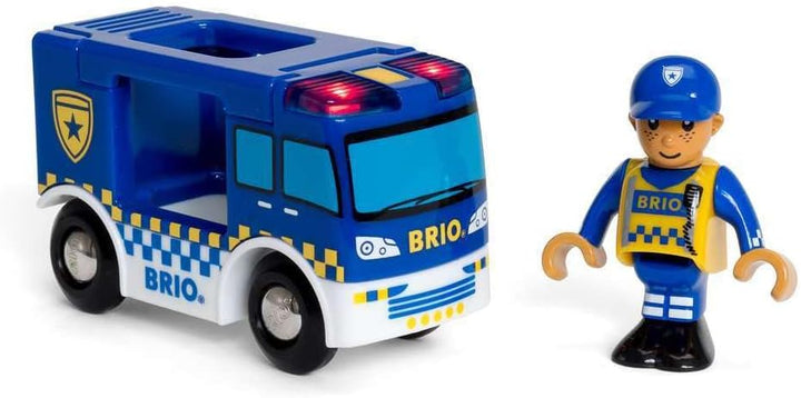 BRIO Bahn 33825 - Polizeiwagen mit Licht und Sound & Bahn 33799 - Traktor mit Holz-Anhänger Polizeiw