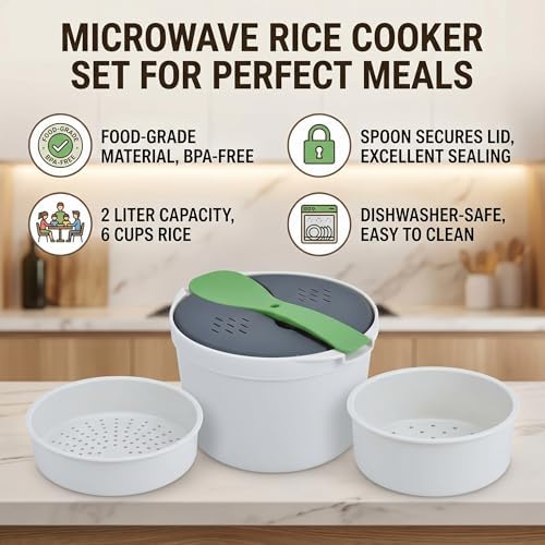 Cocoarm 2L Mikrowellen-Reiskocher-Set, Lebensmittelechtes PP-Material, Reislöffel-Deckelsieb, Dampft