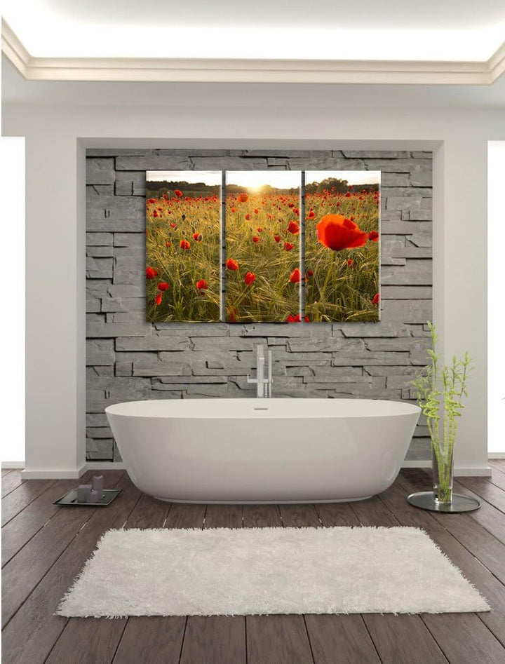 Pixxprint Mohnfeld bei Sonnenuntergang als Leinwandbild/Grösse: 3 Teilig (120x80) cm/Wandbild/Kunstd