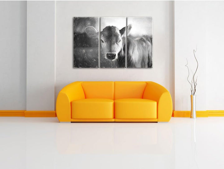 Pixxprint Junge Kuh Kälbchen Kunst Kohle Effekt 3-Teiler Leinwandbild 120x80 Bild auf Leinwand