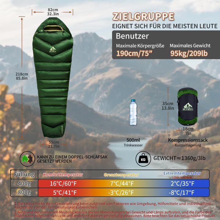 Daunenschlafsack Ultraleicht mit kleinem Packmass(620FP/RDS)-Sommerschlafsack für Camping,Trekking,B