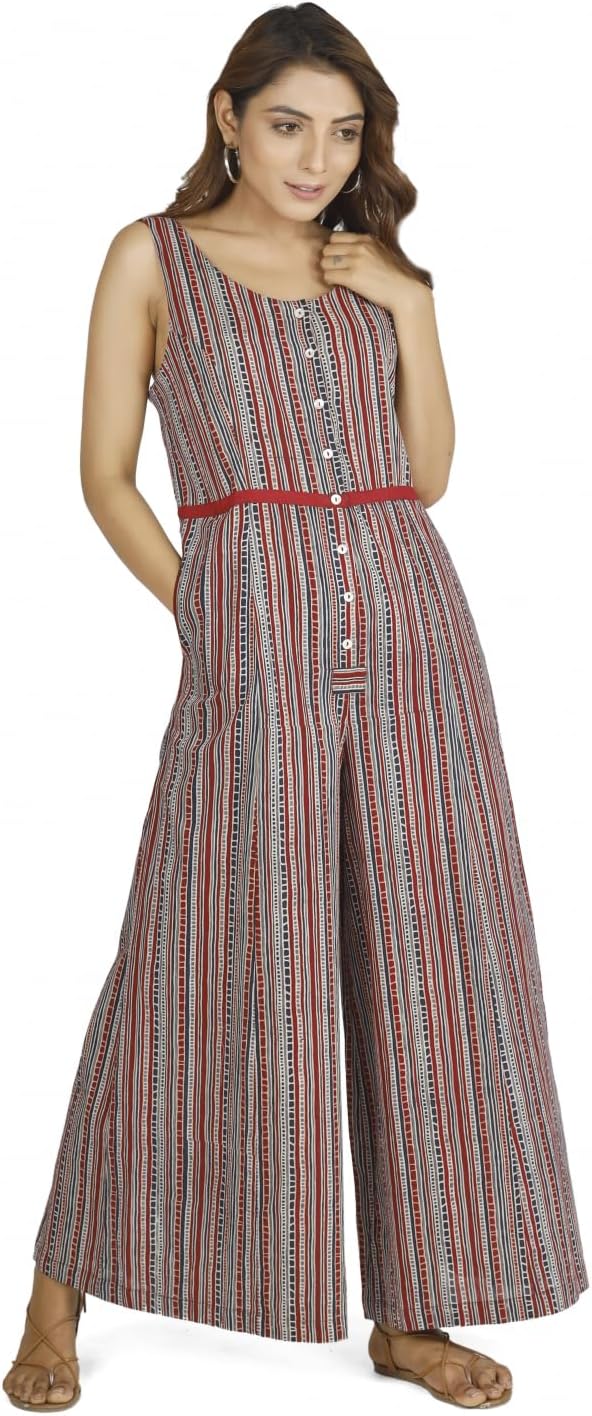 GURU SHOP Sommerliche Latzhose, Ethno Style Oversize Einteiler, Blockdruck Overall, Damen, Baumwolle