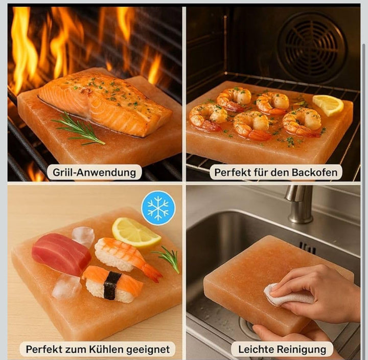 Salzstein Grillstein 20 × 10 × 5 cm mit Holzbrett – Natürlicher Salzstein zum Grillen, Garen & Servi