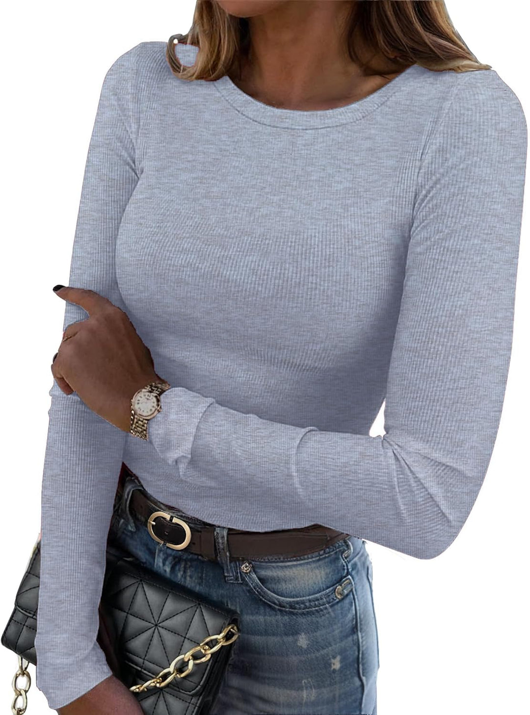 DUOEASE Langarmshirt Damen Rundhal Pullover Elegant Langarm Oberteile Rippshirt Tshirts Basic Tops X