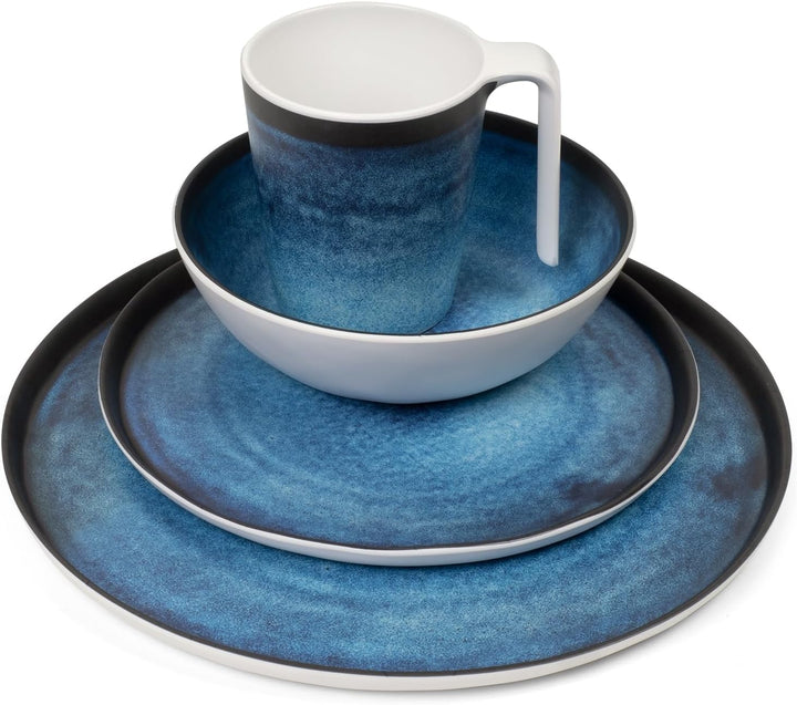 Melamin Camping Geschirr Set 4 Personen Deep Ocean + 4 Timo Rotwein Gläser Rot Weingläser Tafelgesch