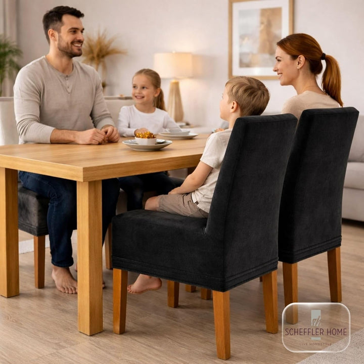 SCHEFFLER-Home Stuhlhussen 2er Set Leon Schwarz/elastische Wildleder Hussen für Stühle/Robustes Frei