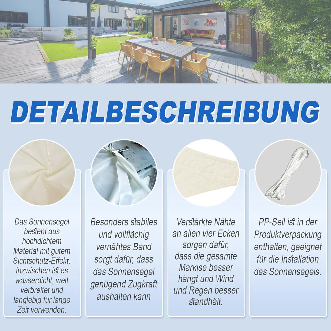 Sunnylaxx 4x4m Sonnensegel Quadrat, Wasserdicht Sonnenschutz Sunsegel Color Helles Khaki, 95% UV-Sch