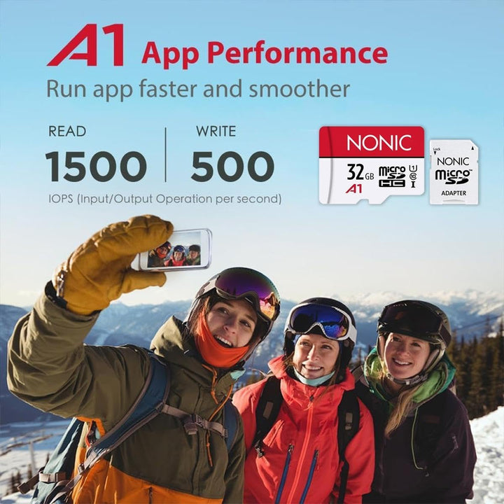 Nonic 32GB MicroSD Speicherkarte mit SD Adapter A1 U1 Klasse 10 für Kamera, Videoüberwachung, Video
