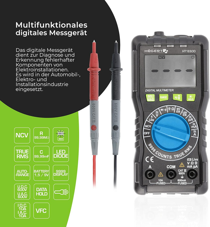Högert Technik - Multifunktionales Digitales Messgerät I Multimeter bis 600V / 10A I RMS, NCV, VFC I