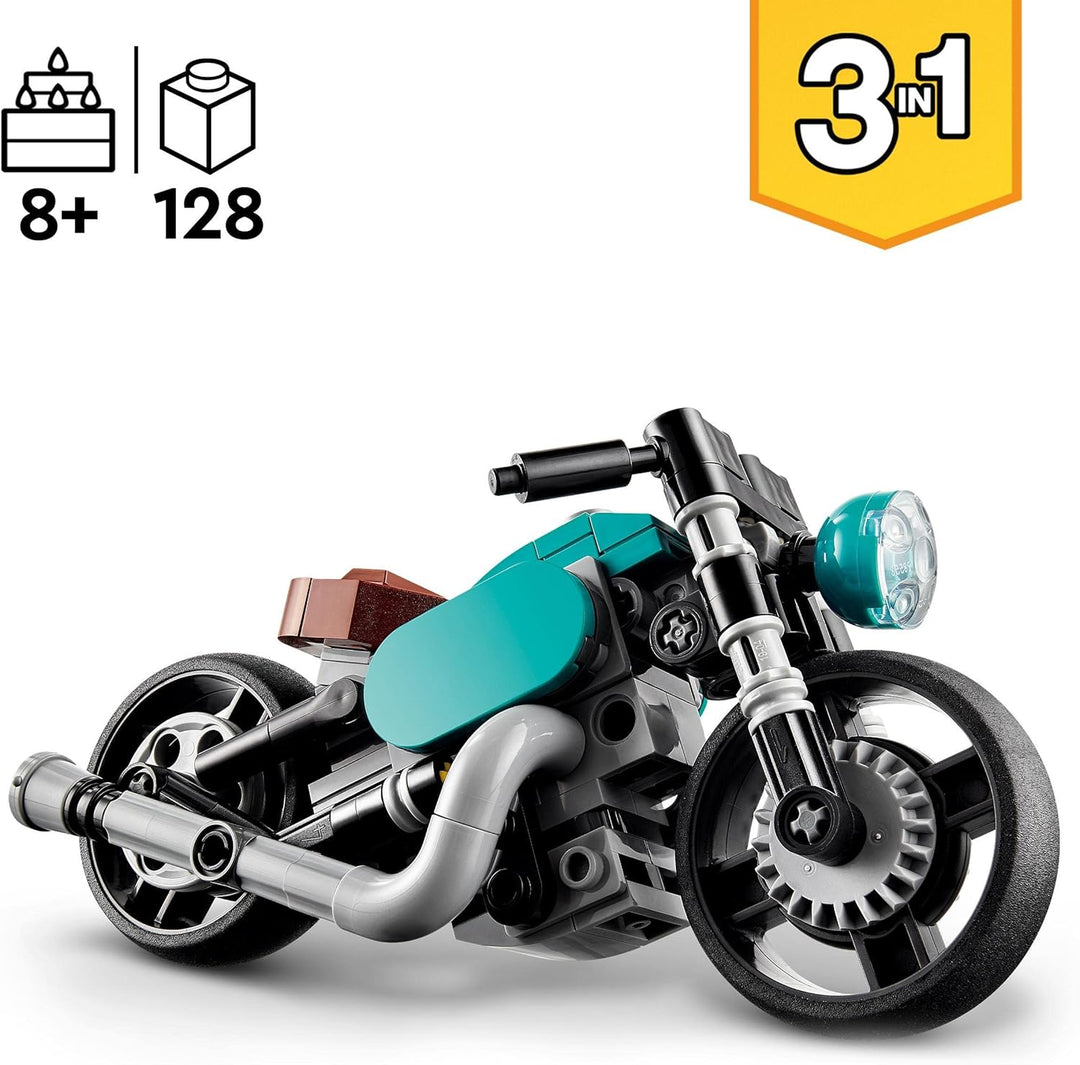 LEGO Creator 3in1 Oldtimer Motorrad Set, klassisches Motorrad-Spielzeug vom Strassenmotorrad zum Dra