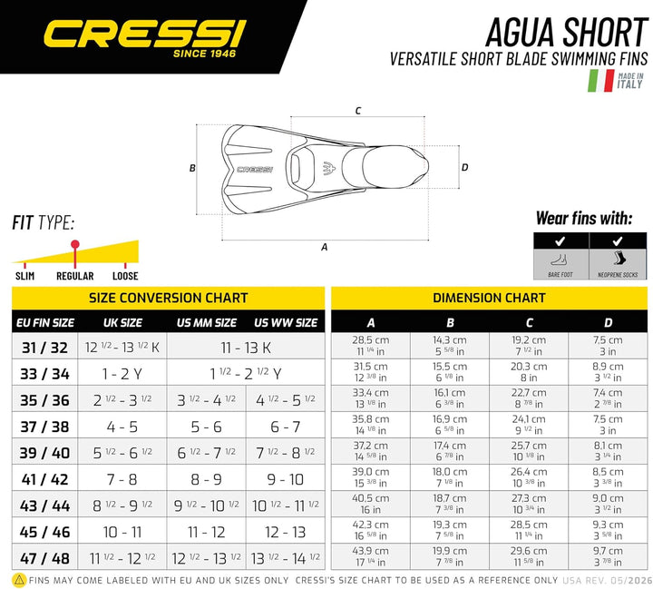 CRESSI Agua Short Fins - Self Adjusting Flossen für Schnorcheln, Schwimmen und Trainieren 35/36 Blau