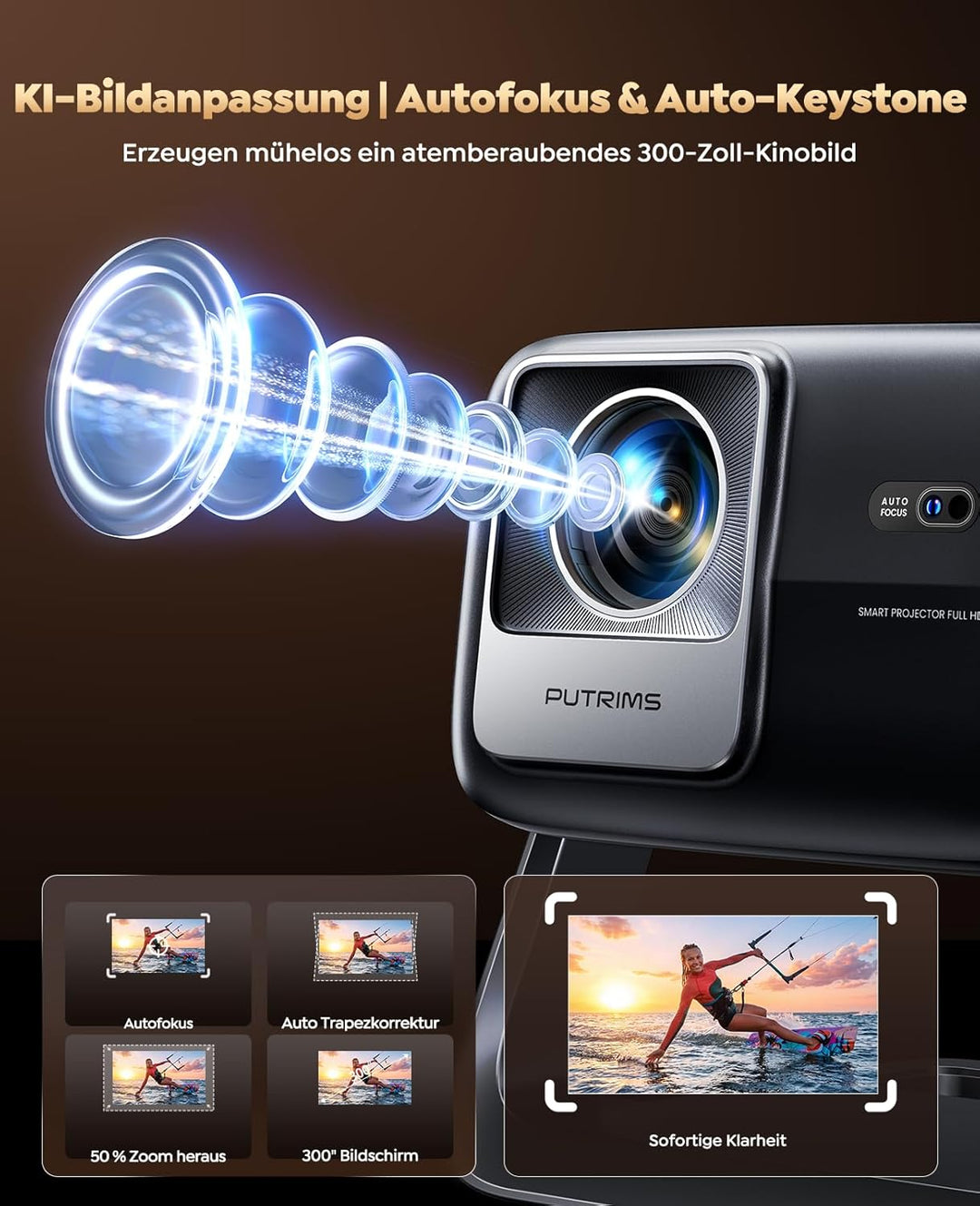 Smart Beamer【Google TV & 30W Lautsprecher】Beamer 4K Heimkino Unterstützt Autofokus/6D Trapezkorrektu