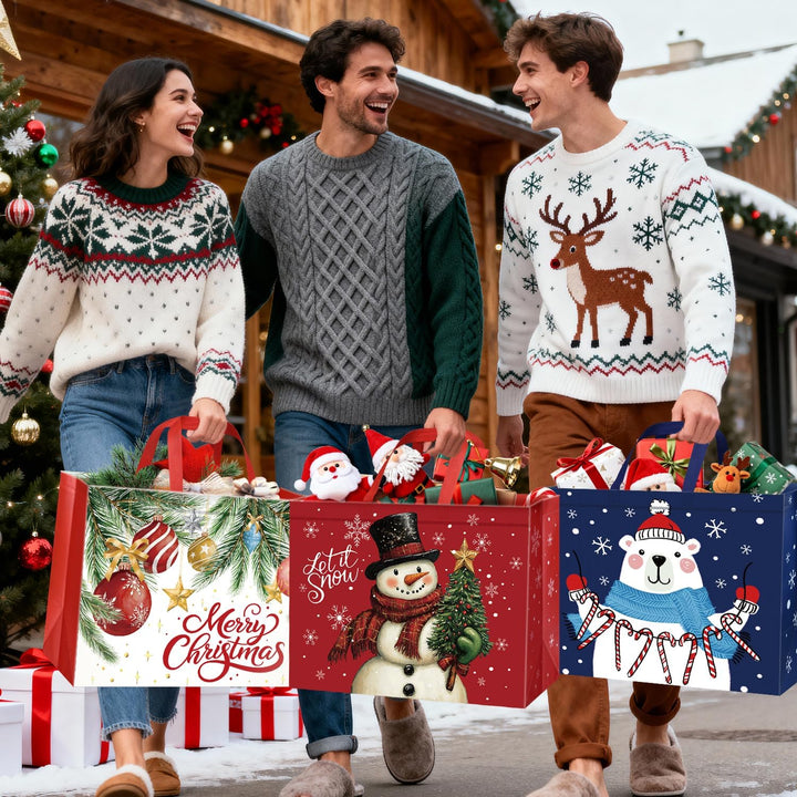 DECHISY 6 Stück Weihnachtstüten Gross, Geschenktüten Weihnachten mit Griffen, Non Woven Weihnachtsge