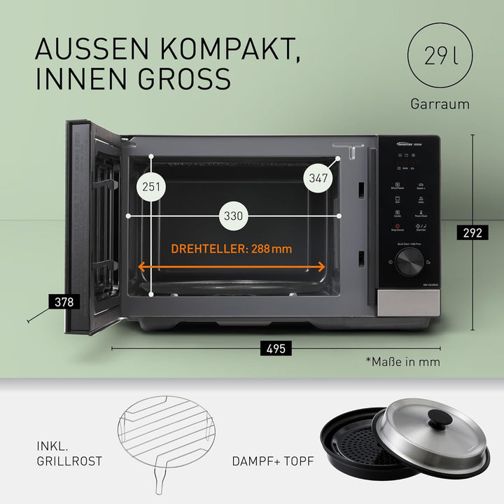Panasonic NN-GD38QSEPG 29L Grill-Mikrowelle mit Steam+ Pot, 1000 W, automatisches Auftauen, Kombinat