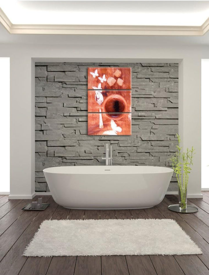 Pixxprint Kaffeetasse mit Schmetterlingen Bunstift Effekt 3-Teiler Leinwandbild 120x80 Bild auf Lein