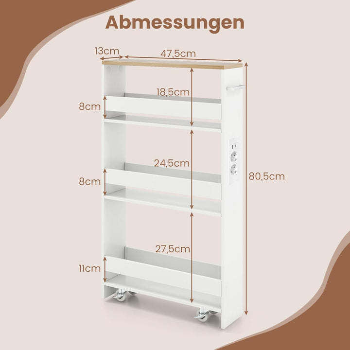 COSTWAY Nischenwagen 13cm breit, 4 Etagen Küchenwagen schmal mit Ladestation, Nischenregal auf Rolle