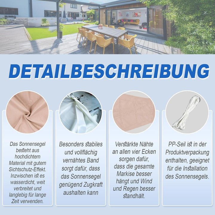 Sunnylaxx 4x6m Sonnensegel Rechteckig, Wasserdicht Sonnenschutz Sunsegel Color Taupe, 95% UV-Schutz,