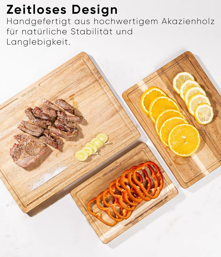 Deco haus Schneidebrett Holz 3er Set aus Robustem Akazie [2cm DICKE] - Schneidebretter mit Saftrille