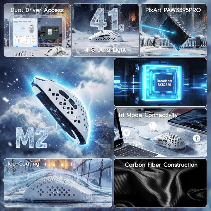MAMBASNAKE M2 Carbonfaser Kabellose Gaming-Maus, 41g Superlight, 40000 DPI, PAW3395PRO-Sensor, BK528