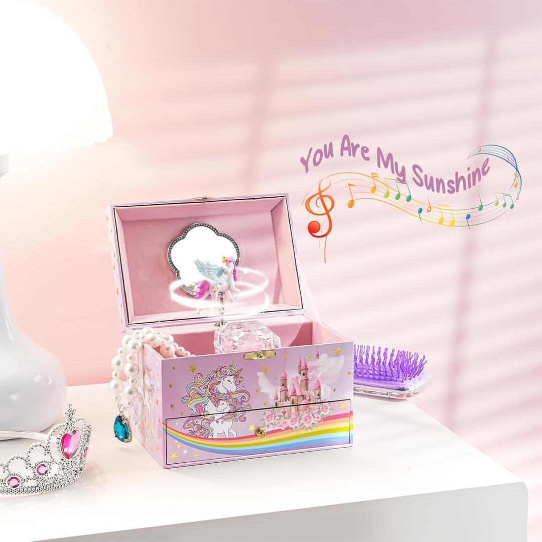 ProCase Kinder Musik Box Schmuckkästchen mit Spieluhr Einhorn &amp; Konservierte Blumen, Schmuckschatull
