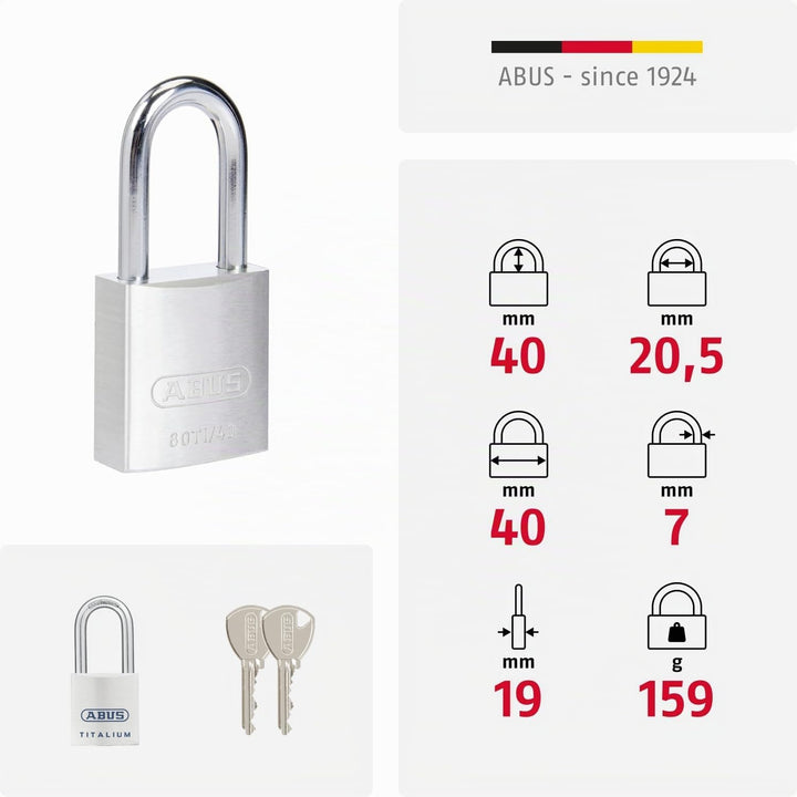 ABUS Titalium Vorhängeschloss 80TI/40HB40 gl.-8011 - gleichschliessend und mit hohem Bügel - leichte