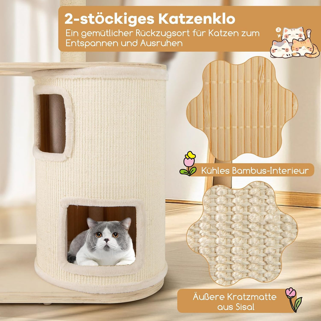 COSTWAY 151cm Kratzbaum Holz, Katzenbaum Gross, Katzenkratzbaum mit 2-stöckigem Katzenhöhle &amp; Hängem