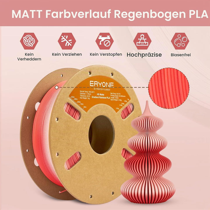 ERYONE Matte PLA 3D Drucker Filament 1.75mm, Matte Gradient Rainbow PLA, Massgenauigkeit +/- 0.03 mm