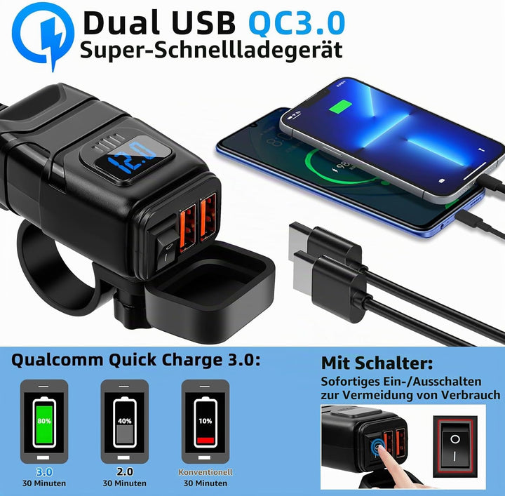 12V USB Steckdose Motorrad, Motorrad USB Ladegerät mit EIN-/Ausschalter und LED-Spannungsmesser, QC3