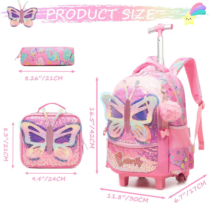 HTgroce Schulranzen Rucksack Trolley mit 2 Rollen für Kinder Mädchen, Einhorn Schulranzen mit Rollen