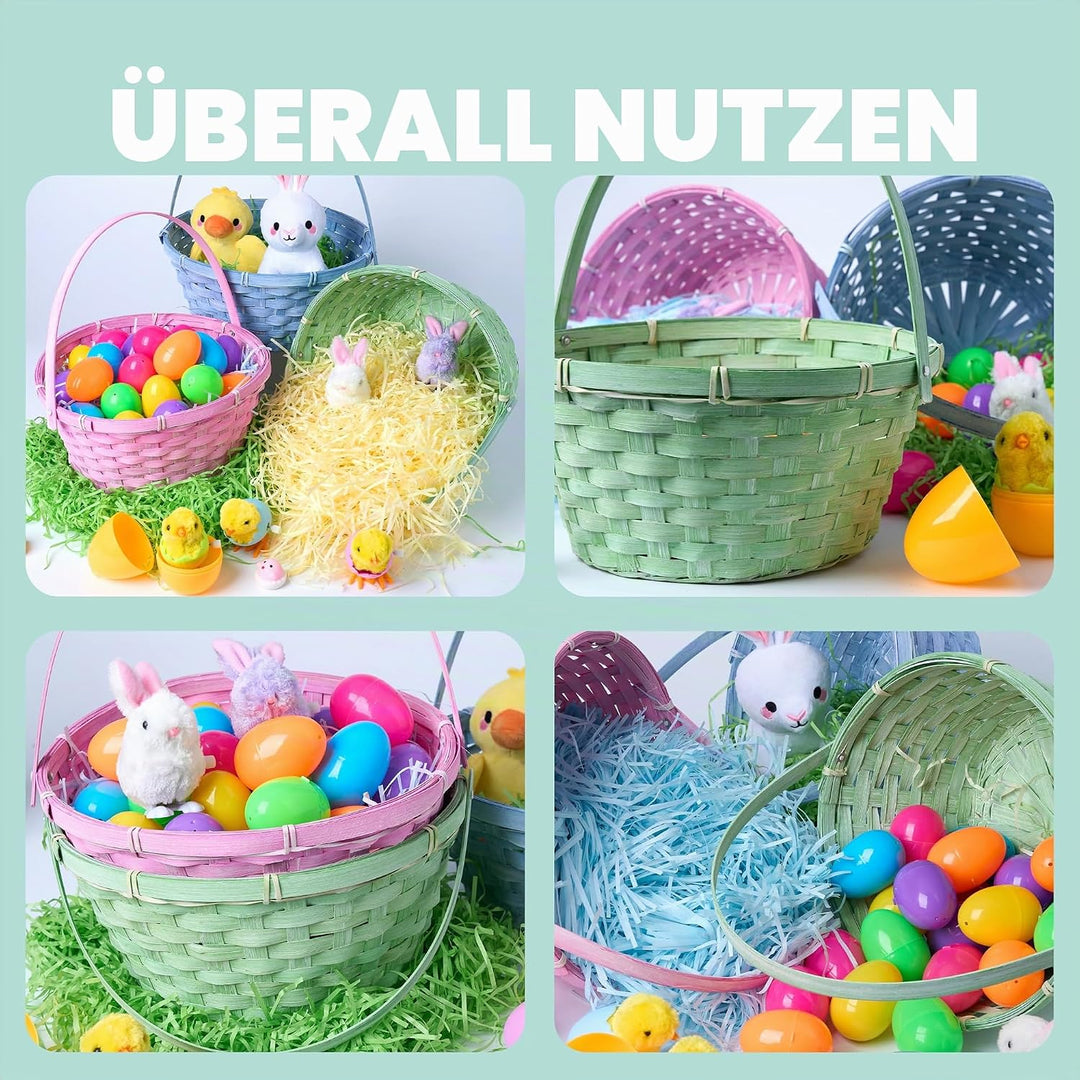 JOYIN 3 Stück Oster-Bambuskörbe, blau, rosa, grün, rund, gewebter Goodie-Korb mit klappbarem Griff,