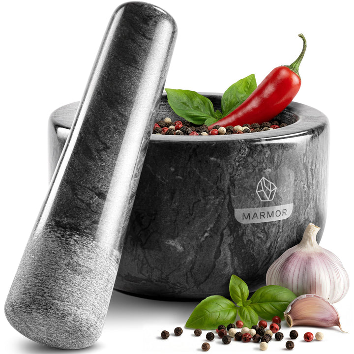 madeco - Edler Marmor Mörser mit Stössel Ø 14 cm - Perfekt geeignet für Gewürze, Kräuter &amp; Nüsse - S