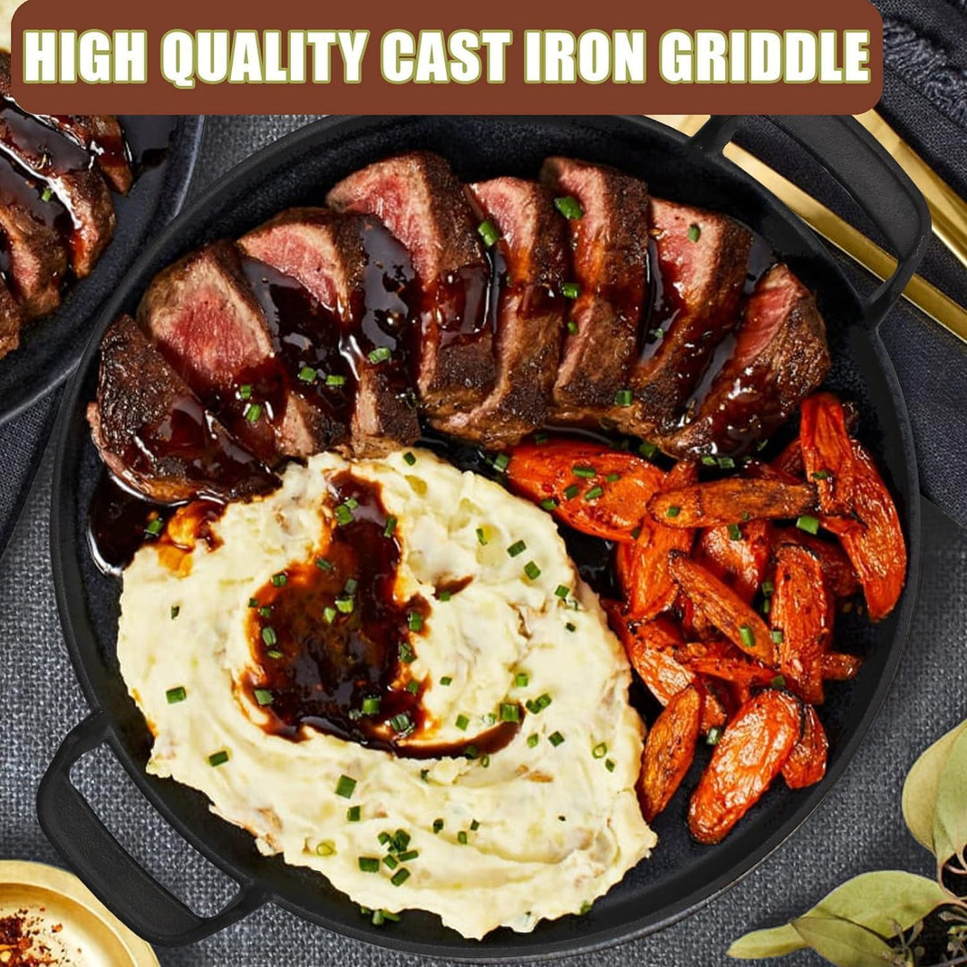 Denmay Universal Gusseisen Grillpfanne, gross rund Gusspfanne mit zwei Griffe und zwei Ausgiesser, m