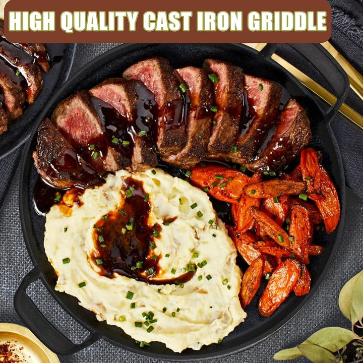 Denmay Universal Gusseisen Grillpfanne, gross rund Gusspfanne mit zwei Griffe und zwei Ausgiesser, m