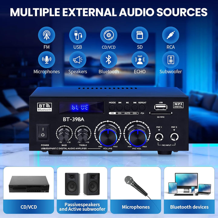 BT-398A HiFi-Verstärker Bluetooth 5.0 Stereo Audioverstärker 2.0 Kanal 60W+60W Digitale Verstärker E