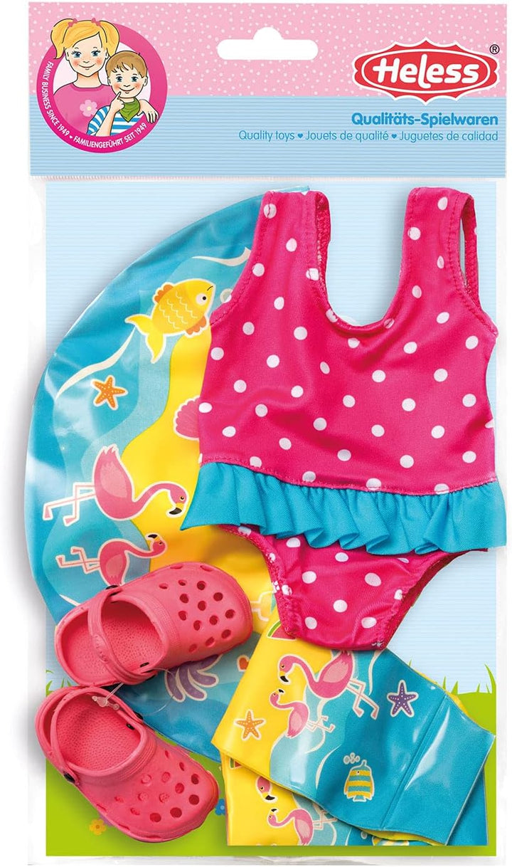 Heless 88 - Schwimm-Set für Puppen, Badeanzug, Clogs, Schwimmring und -flügel mit lustigen Bade- und