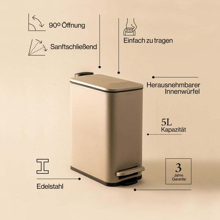 COSMIC Essentials Badezimmer- und Küchenmülleimer mit Modernem Pedalsystem und 5L Fassungsvermögen.